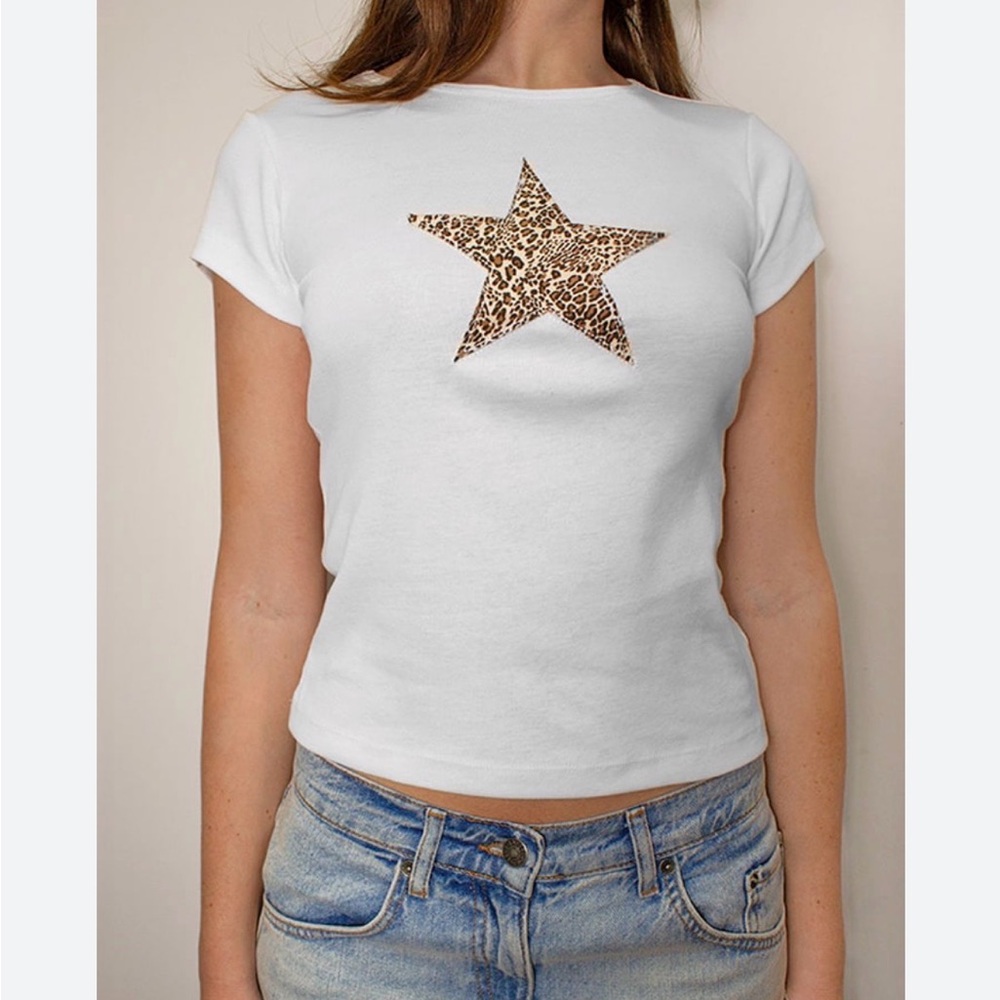 White Cropped Tee with Leopard Star Detail